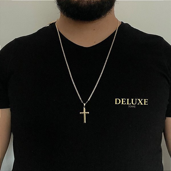 CORRENTE PIASTRINE( 1.8mm -70cm) + PINGENTE CRUZ DETALHADA - BANHADA A OURO 18K.