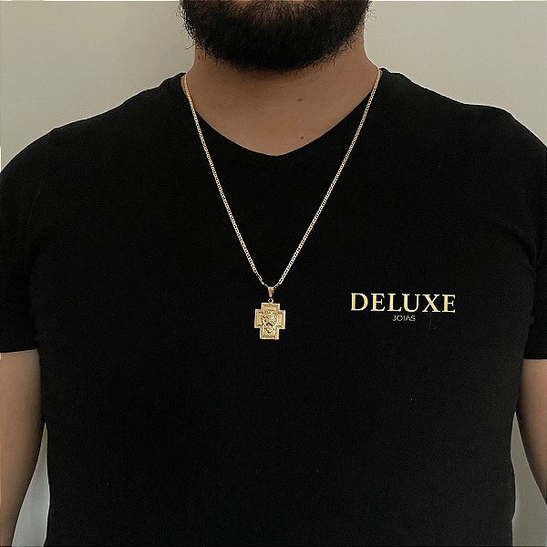 CORRENTE PIASTRINE( 1.8mm- 70cm) + PINGENTE CRUZ LEÃO DA TRIBO DE JUDA M - BANHADO A OURO 18 K
