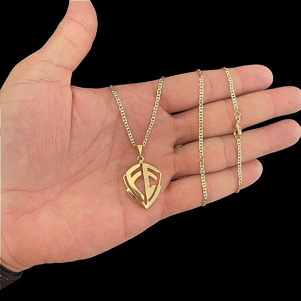 CORRENTE PIASTRINE( 1.8mm- 70cm) + PINGENTE ESCUDO DA FÉ - BANHADO A OURO 18K.