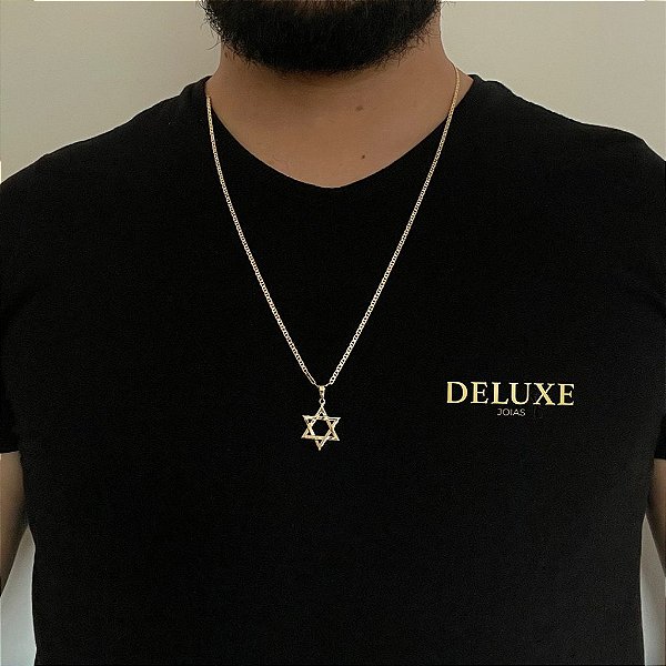 CORRENTE PIASTRINE( 1.8mm- 70cm) + PINGENTE ESTRELA DE DAVI VAZADA  P - BANHADO A OURO 18K.