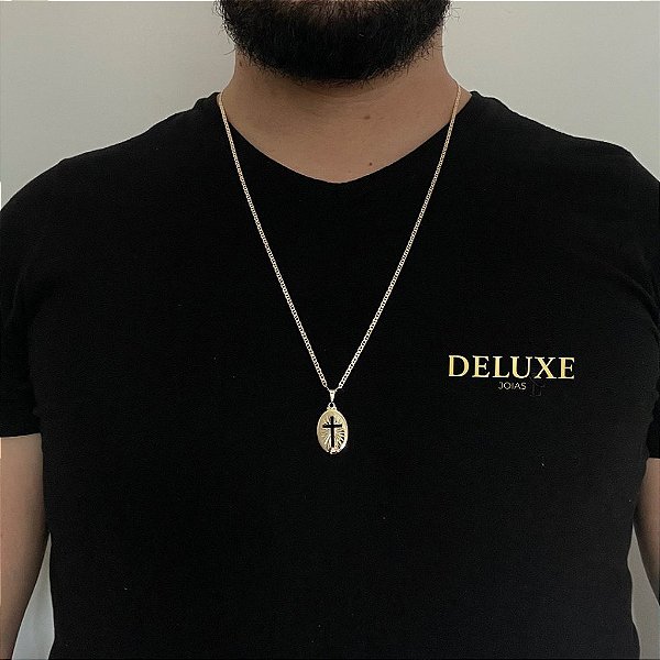 CORRENTE PIASTRINE( 1.8mm- 70cm) + PINGENTE MEDALHA COM CRUZ VAZADA- BANHADO A OURO 18K.