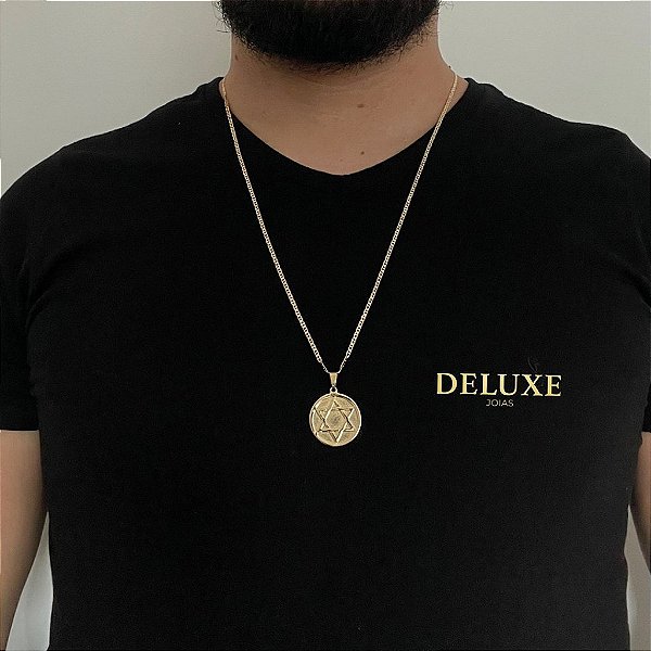 CORRENTE PIASTRINE( 1.8mm- 70cm) + PINGENTE MEDALHA ESTRELA DE DAVI MACIÇA M - BANHADO A OURO 18K.