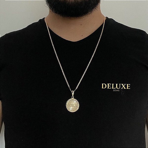 CORRENTE PIASTRINE( 1.8mm -70cm) + PINGENTE MEDALHA JESUS 3D M - BANHADO A OURO 18K.