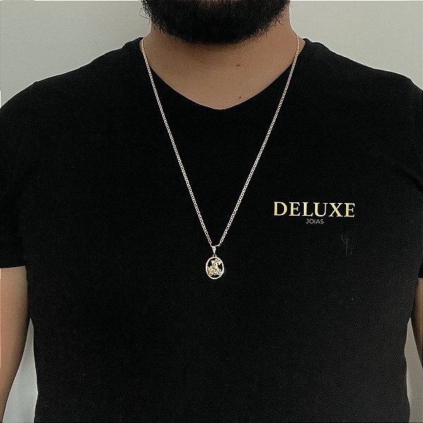 CORRENTE PIASTRINE( 1.8mm- 70cm) + PINGENTE MEDALHA SÃO JORGE PP - BANHADO A OURO 18K.