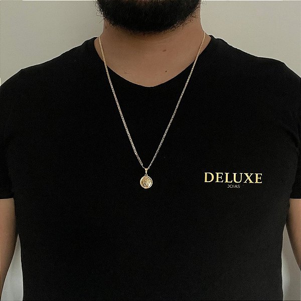 CORRENTE PIASTRINE( 1.8mm- 70cm) + PINGENTE MEDUSA  PP -  BANHADO A OURO 18K.