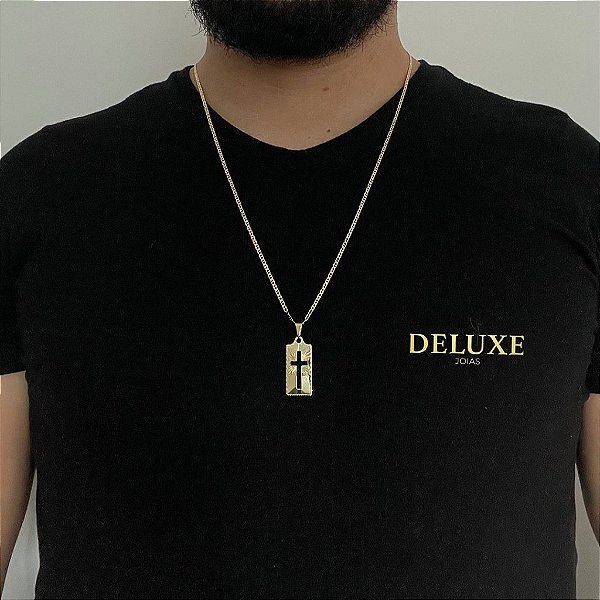 CORRENTE PIASTRINE( 1.8mm-70cm) + PINGENTE PLACA COM CRUZ VAZADA M- BANHADO A OURO 18K.
