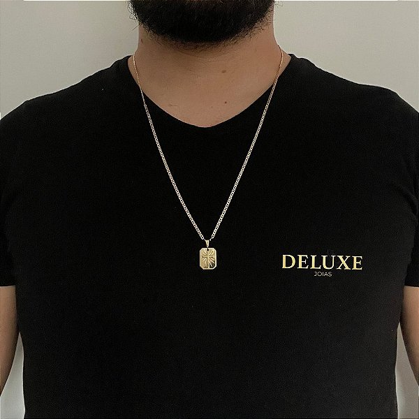 CORRENTE PIASTRINE( 1.8mm- 70cm) + PINGENTE PLACA CRUZ 3D P - BANHADO A OURO 18K.
