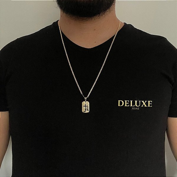 CORRENTE PIASTRINE( 1.8mm- 70cm) + PINGENTE PLACA CRUZ VAZADA - BANHADO A OURO 18K.