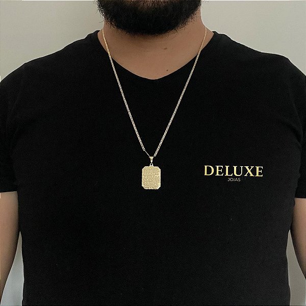 CORRENTE PIASTRINE( 1.8mm- 70cm) + PINGENTE PLACA ORAÇÃO PAI NOSSO M - BANHADO A OURO 18K.