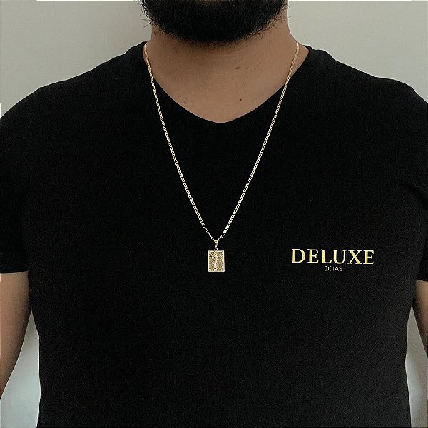 CORRENTE PIASTRINE( 1.8mm- 70cm) + PINGENTE PLAQUINHA CRUCIFIXO PP - BANHADO A OURO 18K.