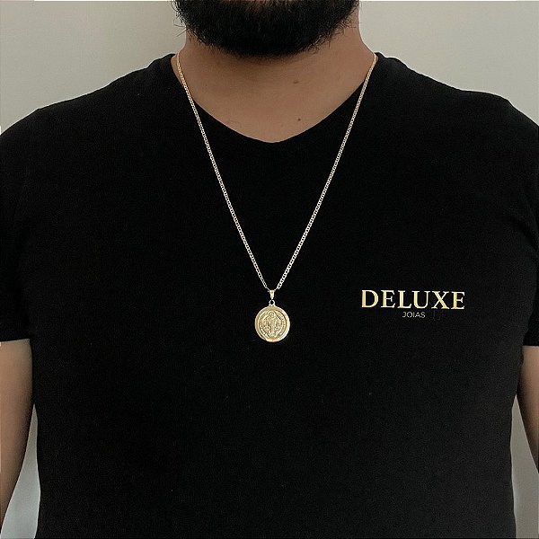 CORRENTE PIASTRINE( 1.8mm- 70cm) + PINGENTE SÃO BENTO DUPLA FACE M - BANHADO A OURO 18K.