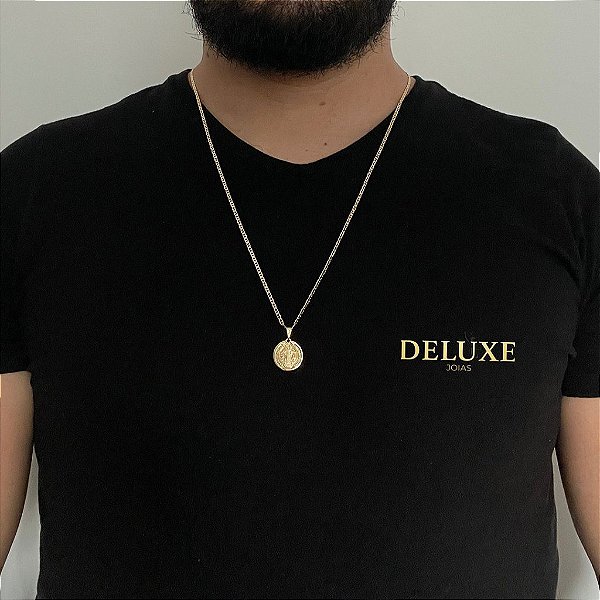 CORRENTE PIASTRINE( 1.8mm- 70cm) + PINGENTE SÃO BENTO DUPLA FACE P - BANHADO A OURO 18K.