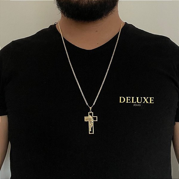 CORRENTE PIASTRINE (2mm- 70CM )+ PINGENTE CRUZ EM 3D.