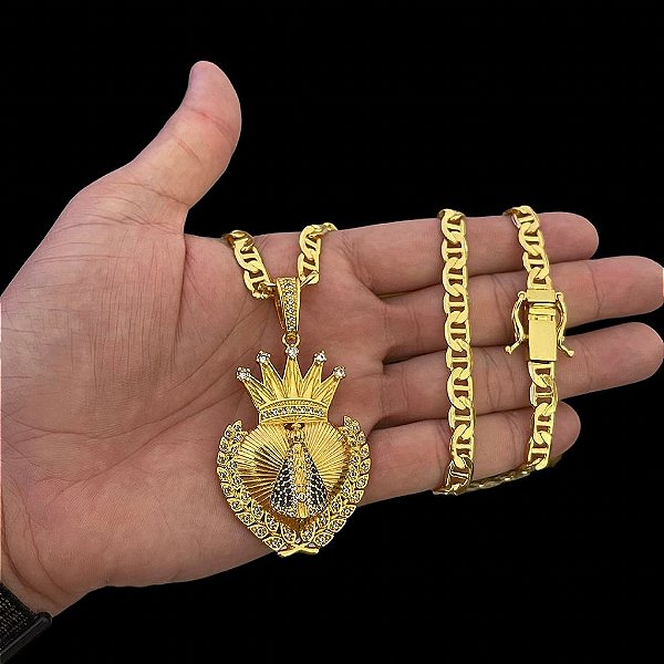 CORRENTE PIASTRINE ( 7mm- 70Cm) + PINGENTE CORAÇÃO NOSSA SENHORA CRAVEJADO - FECHO COM MARCAÇÃO 750 - BANHADO A OURO 18K.