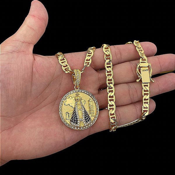 CORRENTE PIASTRINE ( 7mm- 70Cm) + PINGENTE MEDALHA DETALHADA DE NOSSA SENHORA CRAVEJADO.