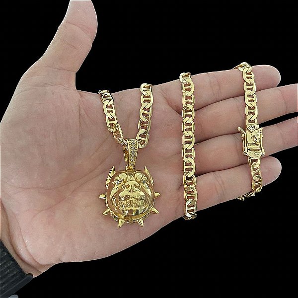 CORRENTE PIASTRINE ( 7mm- 70Cm) + PINGENTE PITBULL 5D -  FECHO COM MARCAÇÃO 750  - BANHADO A OURO 18K.
