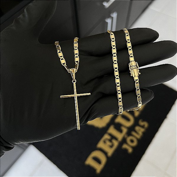 CORRENTE PIASTRINE FECHO GAVETA COM MARCAÇÃO  750 (4mm - 70cm )+ PINGENTE CRUZ PALITO MÉDIA  - BANHADO A OURO 18K
