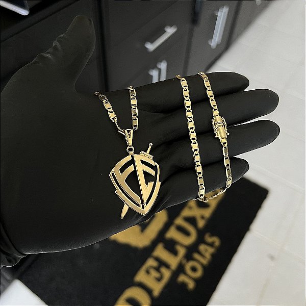 CORRENTE PIASTRINE FECHO GAVETA COM MARCAÇÃO  750 (4mm - 70cm )+ PINGENTE  ESTRELA DE DAVI VAZADA  GRANDE - BANHADO A OURO 18K