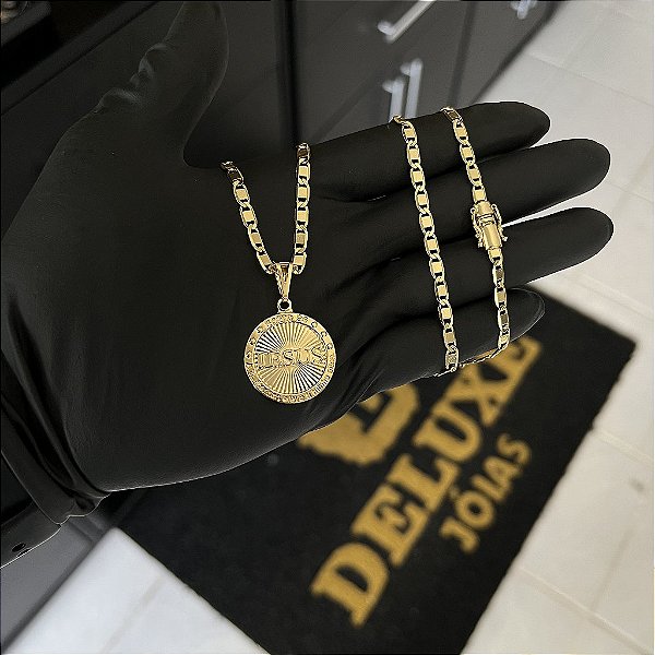 CORRENTE PIASTRINE FECHO GAVETA COM MARCAÇÃO  750 (4mm - 70cm )+ PINGENTE  MEDALHA COM NOME JESUS DETALHADA - BANHADO A OURO 18K