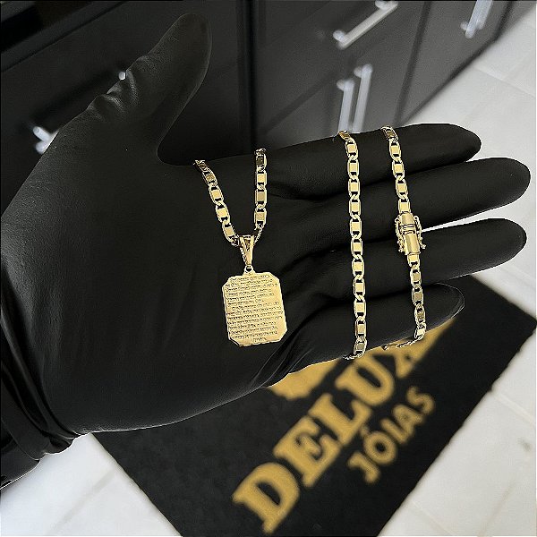 CORRENTE PIASTRINE FECHO GAVETA COM MARCAÇÃO  750 (4mm - 70cm )+ PINGENTE MEDALHA COM ORAÇÃO  PAI NOSSO - BANHADO A OURO 18K