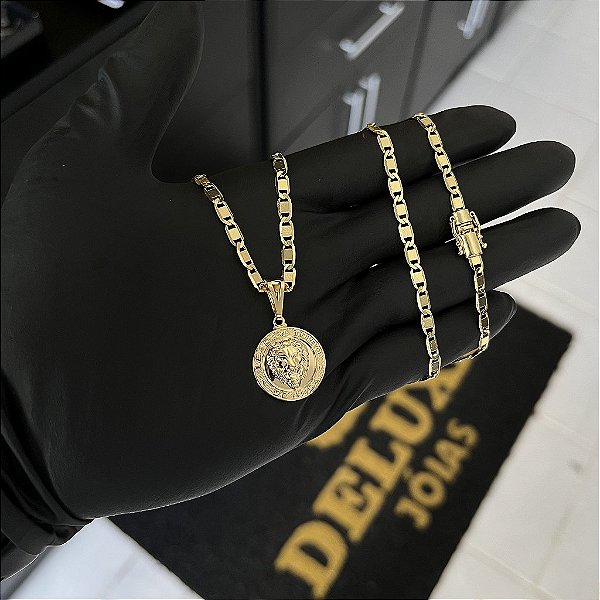 CORRENTE PIASTRINE FECHO GAVETA COM MARCAÇÃO  750 (4mm - 70cm )+ PINGENTE  MEDALHA LEÃO  DE JUDÁ - BANHADO A OURO 18K