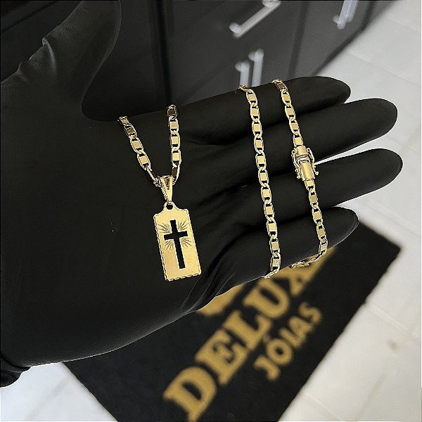 CORRENTE PIASTRINE FECHO GAVETA COM MARCAÇÃO  750 (4mm - 70cm )+ PINGENTE PLACA COM CRUZ VAZADA  - BANHADO A OURO 18K
