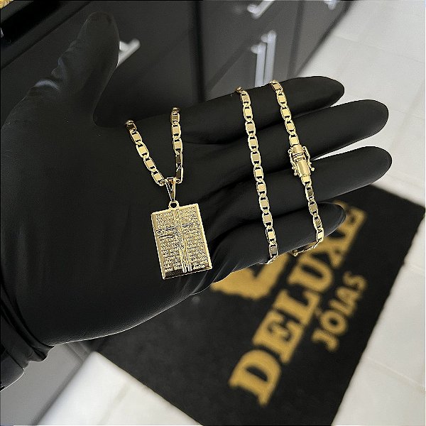 CORRENTE PIASTRINE FECHO GAVETA COM MARCAÇÃO  750 (4mm - 70cm )+ PINGENTE  PLACA COM JESUS E ORAÇÃO - BANHADO A OURO 18K