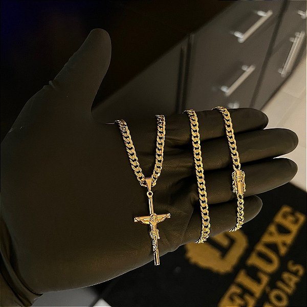 CORRENTE PITBULL (4MM- 70CM) + PINGENTE CRUCIFIXO  - FECHO COM MARCAÇÃO 750 - BANHADO A OURO 18K
