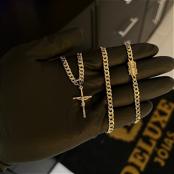 CORRENTE PITBULL (4MM- 70CM) + PINGENTE CRUCIFIXO  - FECHO COM MARCAÇÃO 750 - BANHADO A OURO 18K