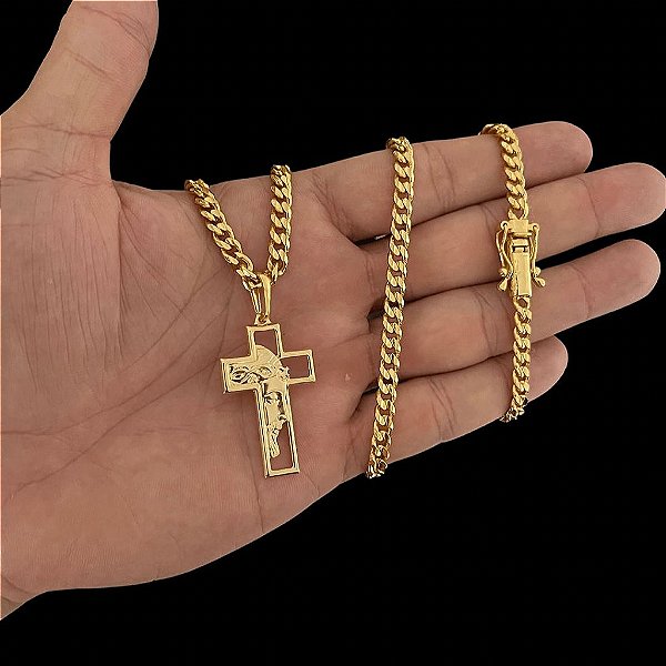 CORRENTE PITBULL (4MM- 70CM) + PINGENTE CRUZ 3D VAZADA - FECHO COM MARCAÇÃO 750 - BANHADO A OURO 18K
