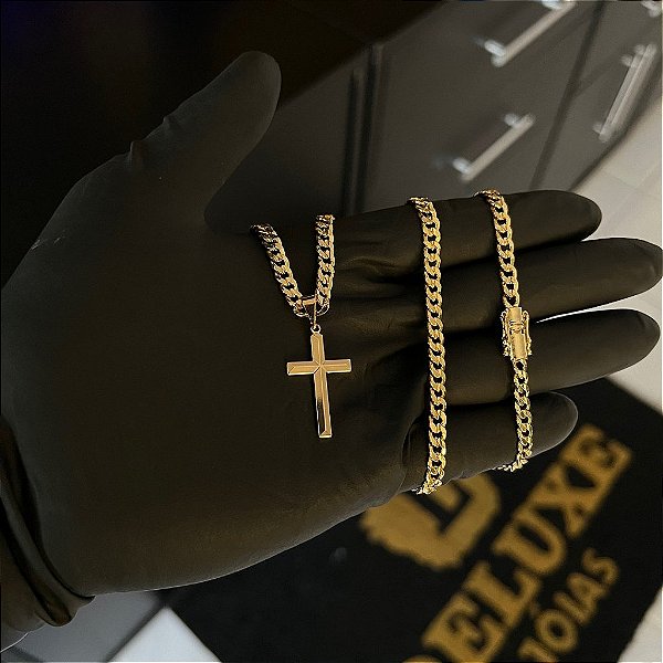 CORRENTE PITBULL (4MM- 70CM) + PINGENTE CRUZ DETALHADA - FECHO COM MARCAÇÃO 750 - BANHADO A OURO 18K