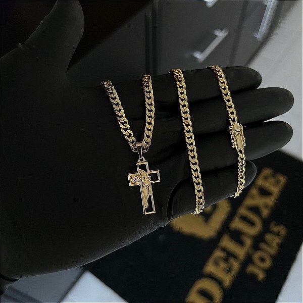 CORRENTE PITBULL (4MM- 70CM) + PINGENTE CRUZ DETALHADA VAZADA - BANHADO A OURO 18K