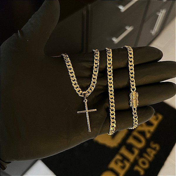 CORRENTE PITBULL (4MM- 70CM) + PINGENTE CRUZ PALITO - FECHO COM MARCAÇÃO 750 - BANHADO A OURO 18K