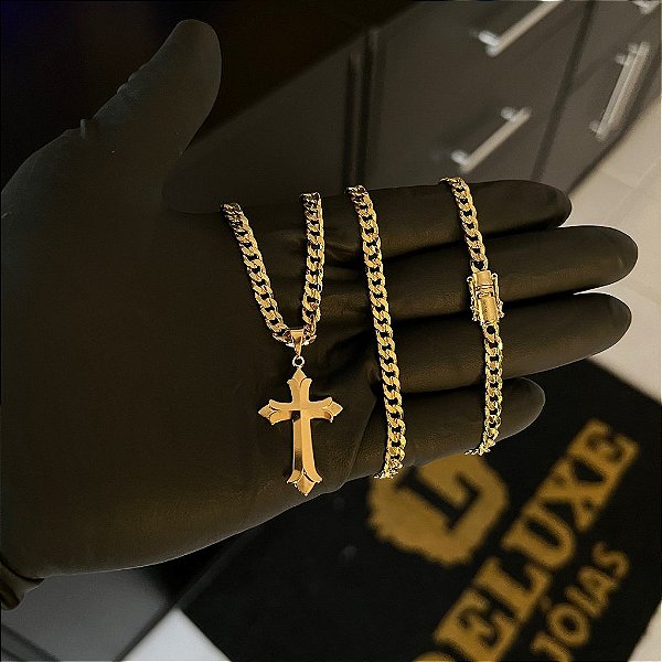 CORRENTE PITBULL (4MM- 70CM) + PINGENTE CRUZ RACIONAIS  - FECHO COM MARCAÇÃO 750 - BANHADO A OURO 18K