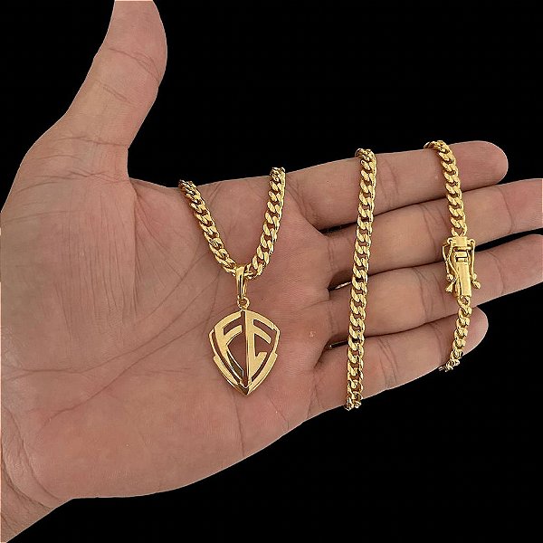 CORRENTE PITBULL (4MM- 70CM) + PINGENTE ESCUDO DA FÉ - BANHADO A OURO 18K