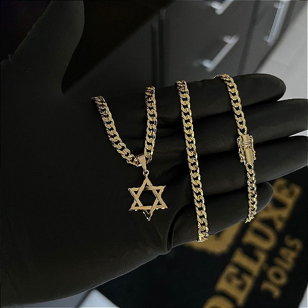 CORRENTE PITBULL (4MM- 70CM) + PINGENTE ESTRELA DE DAVI - BANHADO A OURO 18K