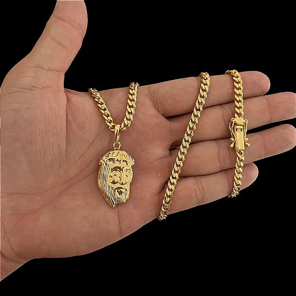 CORRENTE PITBULL (4MM- 70CM) + PINGENTE FACE DE CRISTO -  FECHO COM MARCAÇÃO 750 - BANHADO A OURO 18K