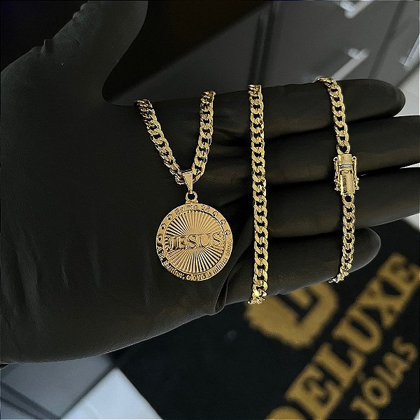 CORRENTE PITBULL (4MM- 70CM) + PINGENTE  MEDALHA COM NOME JESUS  -  FECHO COM MARCAÇÃO 750 - BANHADO A OURO 18K