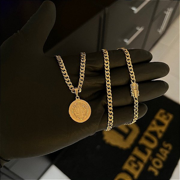 CORRENTE PITBULL (4MM- 70CM) + PINGENTE MEDALHA DE SÃO BENTO  - BANHADO A OURO 18K