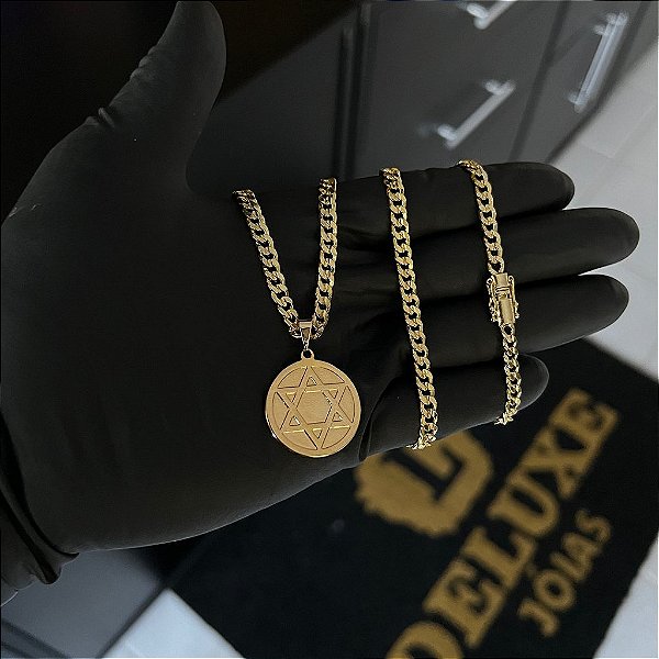 CORRENTE PITBULL (4MM- 70CM) + PINGENTE MEDALHA ESTRELA DE DAVI -  FECHO COM MARCAÇÃO 750 - BANHADO A OURO 18K