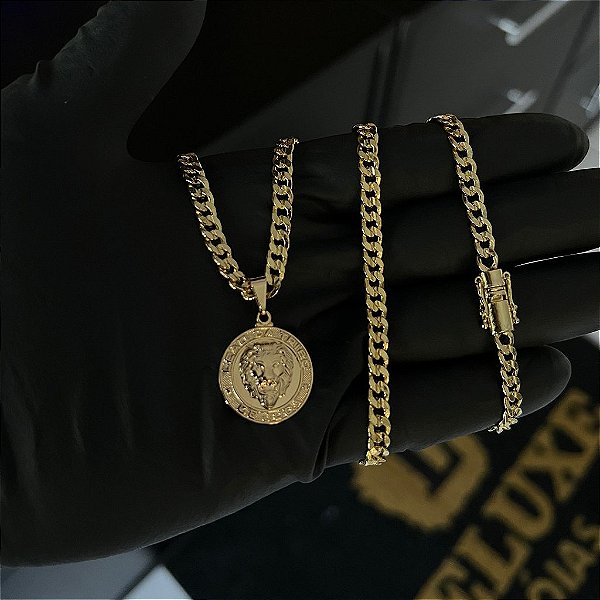 CORRENTE PITBULL (4MM- 70CM) + PINGENTE  MEDALHA LEÃO DA TRIBO DE JUDA  - FECHO COM MARCAÇÃO 750 - BANHADO A OURO 18K