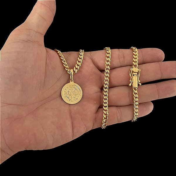 CORRENTE PITBULL (4MM- 70CM) + PINGENTE MEDALHA SÃO BENTO DUPLA FACE -  FECHO COM MARCAÇÃO 750 - BANHADO A OURO 18K