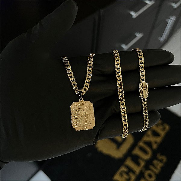 CORRENTE PITBULL (4MM- 70CM) + PINGENTE  PLACA COM ORAÇÃO PAI NOSSO  - BANHADO A OURO 18K