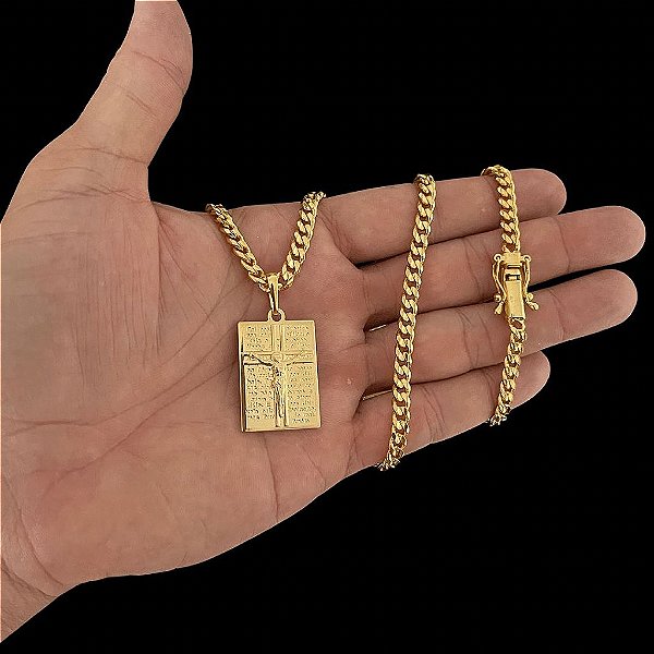CORRENTE PITBULL (4MM- 70CM) + PINGENTE PLACA CRUCIFIXO E O PAI NOSSO  DETALHADO - FECHO COM MARCAÇÃO 750-BANHADO A OURO 18K