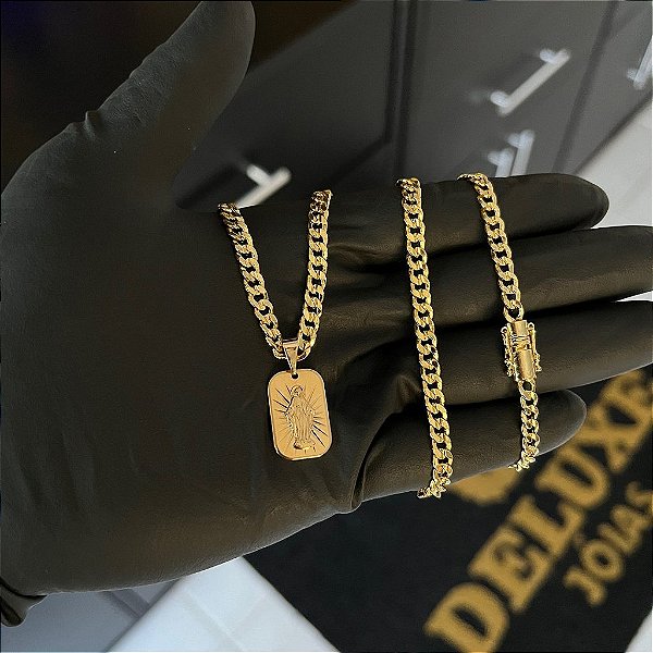 CORRENTE PITBULL (4MM- 70CM) + PINGENTE  PLAQUINHA COM NOSSA SENHORA  - FECHO COM MARCAÇÃO 750 - BANHADO A OURO 18K