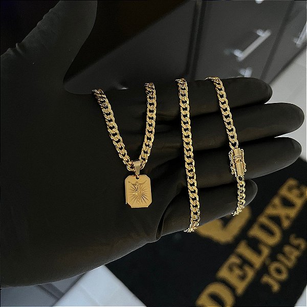 CORRENTE PITBULL (4MM- 70CM) + PINGENTE  PLAQUINHA JESUS CRISTO  -  FECHO COM MARCAÇÃO 750 - BANHADO A OURO 18K