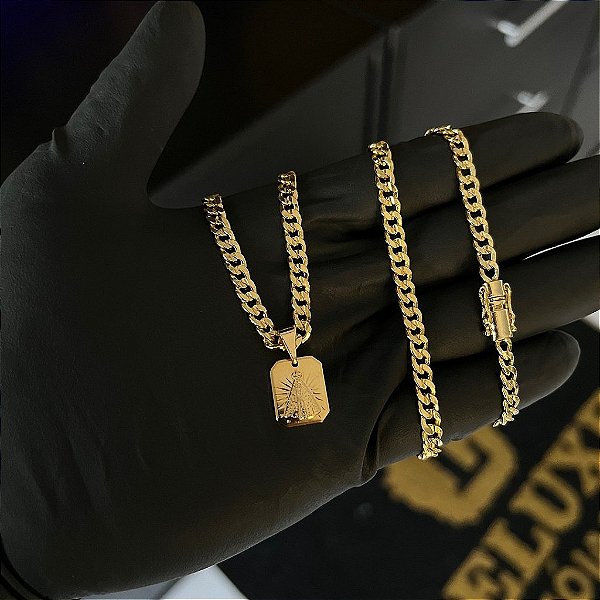 CORRENTE PITBULL (4MM- 70CM) + PINGENTE  PLAQUINHA NOSSA SENHORA  - FECHO COM MARCAÇÃO 750 - BANHADO A OURO 18K