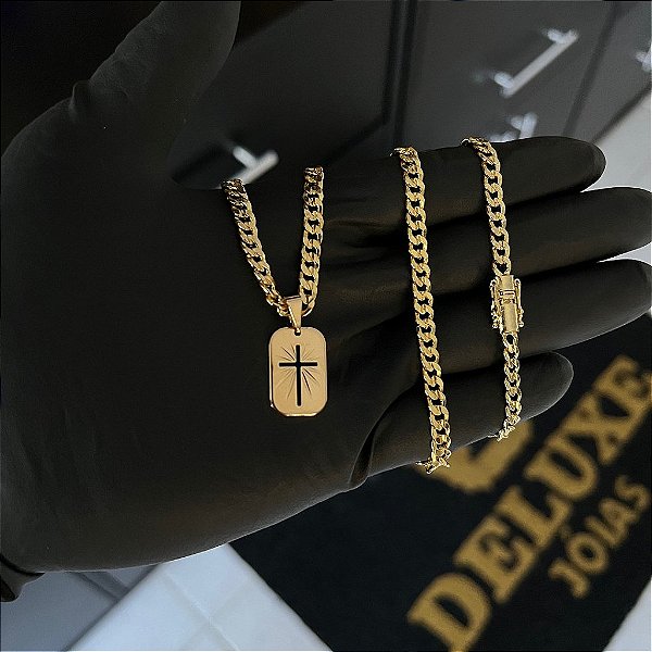 CORRENTE PITBULL (4MM- 70CM) + PINGENTE  PLAQUINHA OVAL CRUZ VAZADA  -  FECHO COM MARCAÇÃO 750 - BANHADO A OURO 18K