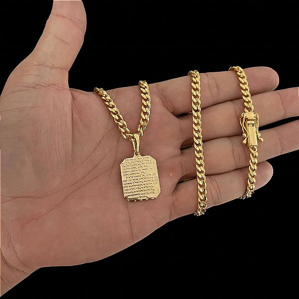 CORRENTE PITBULL (4MM- 70CM) + PINGENTE PLAQUINHA PAI NOSSO - FECHO COM MARCAÇÃO 750 - BANHADO A OURO 18K