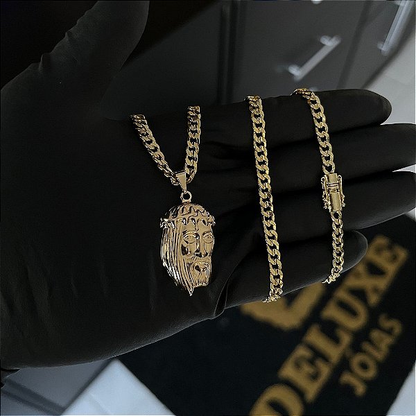 CORRENTE PITBULL (4MM- 70CM) + PINGENTE  ROSTO DE JESUS DETALHADO  -  FECHO COM MARCAÇÃO 750  - BANHADO A OURO 18K